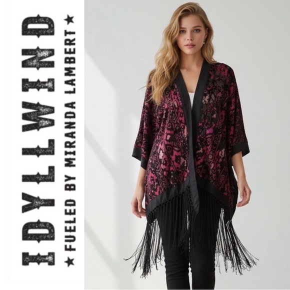 Idyllwind Accessories - IDYLLWIND Kimono Black Pink Red Fringed Stunning Velvet Burnout Cardigan NWT 🖤💗